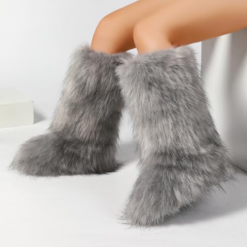Women's Knee-High Faux Fur Boots - Furry Fluffy Warm Winter Snow Boots with Comfortable Round Toe for Cozy Outdoor and Indoor Use2