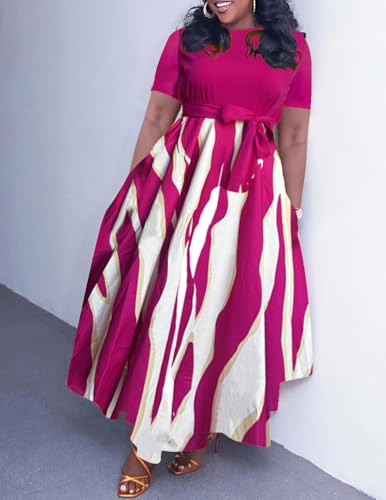 Image of Hostoyo Women Plus Size Formal A Line Maxi Dress Self Tie Waist with Pockets Elegant Round Neck Swing Long Dresses
