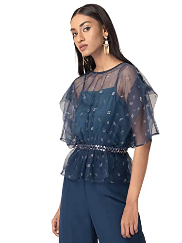 Image of Indya Women's Teal Organza Sequin Peplum Top with Attached Cami