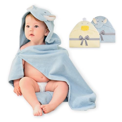 Image of Viviland 2 Pack Hooded Baby Towels, Soft 100% Cotton Baby Bath Towels with Hood, Extra Thick and Absorbent, Essential for Newborns, Kids, Infants - Girls and Boys (Blue Elephant & Duck)