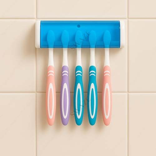 Image of Swaze Plastic Toothbrush Holder with Cover for Bathroom | 5-Slot Wall Mounted Toothbrush Holder with self Adhesive & Screw Options | Bathroom Organizer | (Multicolour, Pack of 1)