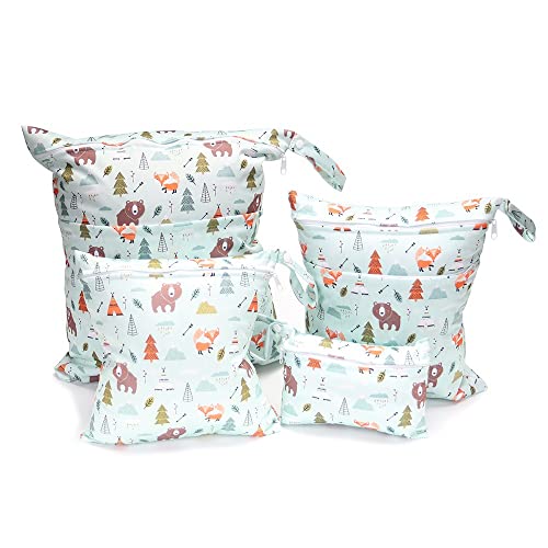 SonneSky Bolsa de Pañales 4pcs/Set Bebé Impermeabilizan Bolsa con Cremallera Impresión Wet Dry Bag para Viaje, Playa, Gym Oso Zorro