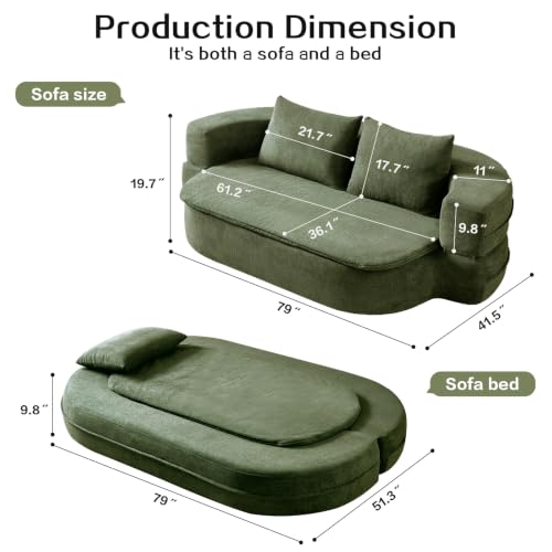 Image of 79 inch Convertible Futon Sofa Bed Mattress, Sleeper Boneless Futon Sofa,Green | Polyester Sleeper Sofa, High-Density Foam, 2 Pillows. No Assembly. Pull-out Couch for Living Room, Bedroom, Apt.