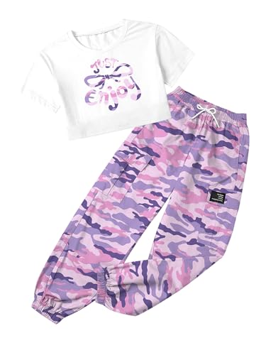 Image of Betusline Girls 2 Piece Set, White Print Cute Short Sleeve Crop Tops + Light Purple Camo Cargo Jogger Pants Clothes,13-14 Years = Tag 170
