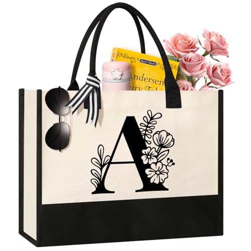 Personalized Initial Canvas Tote Bag, Suitable for Birthday, Wedding, Beach, Holiday, Gifts for Women, Mom, Teachers, Nurses, Best Friends, Bridesmaids (A)