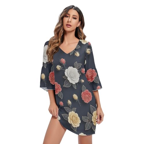 Robe vintage rose fini soigné coupe trapèze et imprimé floral exclusif bleu