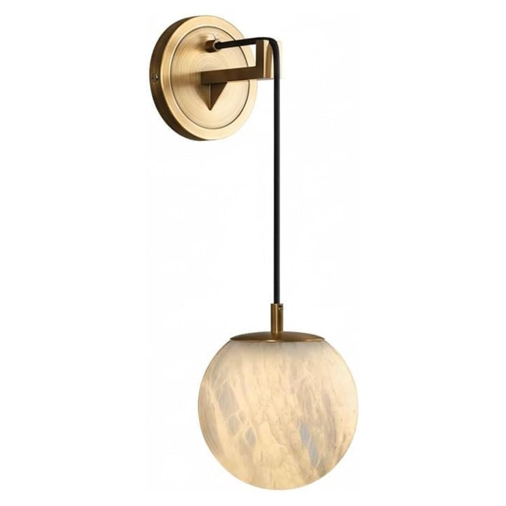 FEITENGDA Modern Minimalist Alabaster Globe Wall Sconce Nordic Small Brass Base Hanging Lamp Interior Bedside Accent Wall Mount Light for Living Room Bedroom Hallway Entryway