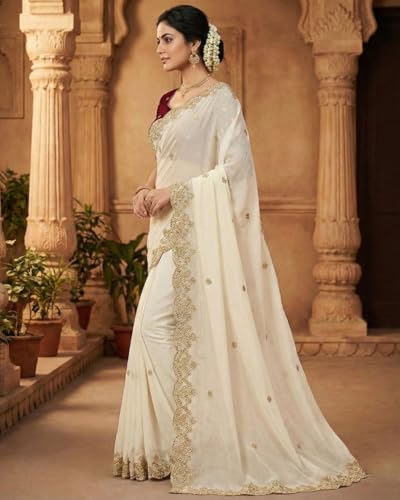 Image of Handcrafted Floral Embroidered Saree with Contrast Blouse