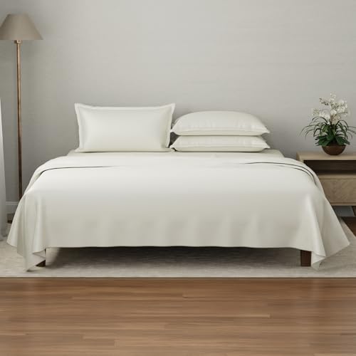 Image of BOUTIQUE LIVING Luxe Loom 100% Cotton 600 TC Mother of Pearl (Off-White) Dyed King Bedsheet Set