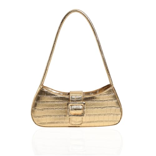 GRUMOTA Small Shoulder Bag for Women,Elegant Metallic Crocodile Embossed PU Leather Underarm Purse,Vintage Top Handle Croc Tote Handbags（Gold）