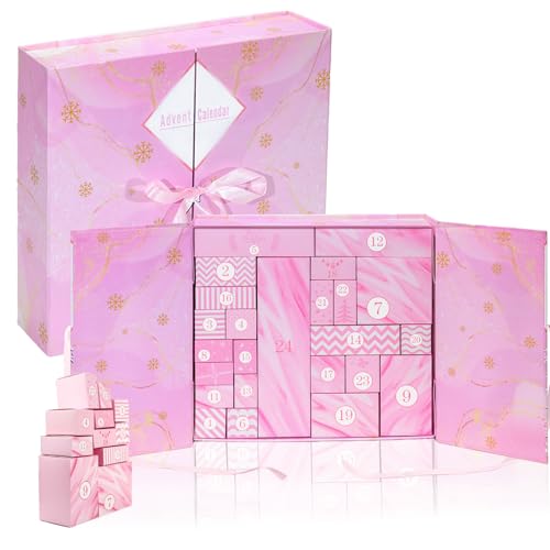 Calendario de Adviento 2025 para Rellenar - 24 Cajas de Cartón Reutilizables con Motivos Navideños - Kit DIY para Golosinas o Pequeños Regalos - Decoración Navideña para Familias y Niños (Rosa)