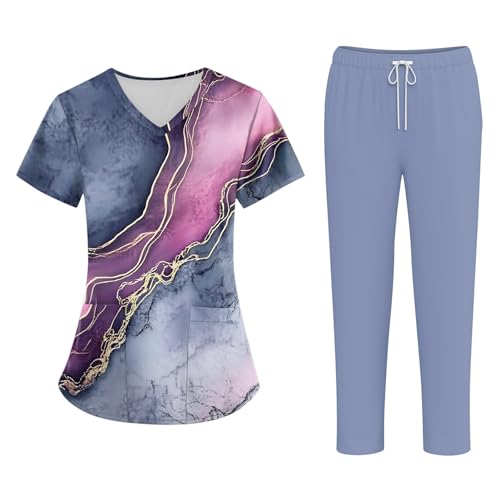 Scrubs for Women Set - Stretch V-Neck Print Pocket Top...