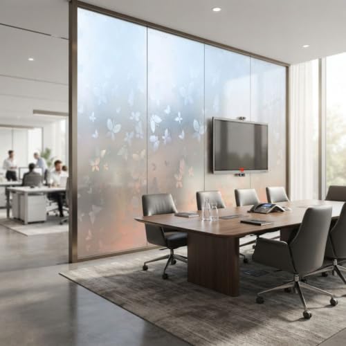 Image of WISDOM Butterfly Frosted Window Privacy Film Self-Adhesive Decorative Glass Film UV Blocking Heat Control Removable No Glue Window Covering for Home, Office, Bathroom 16x36