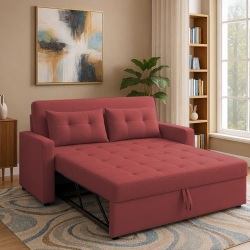 Image of Emilio 2-Seater Sofa Cum Bed for Living Room, Office & Home with Center Table | Premium Fabric Pull-Out Sofa Set with 1 Year Warranty | Space Saving Convertible Sleeper Sofa | Maroon Colour