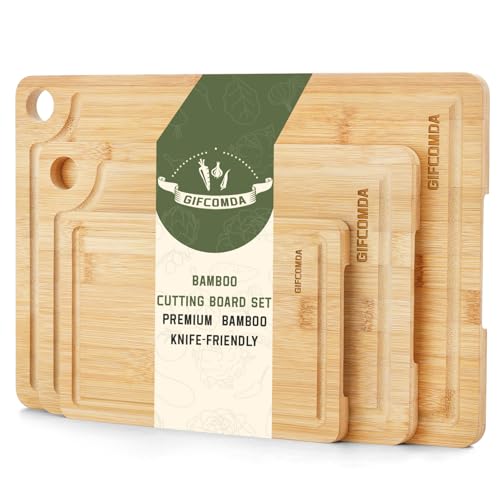 Gifcomda Set de 3 Tablas Cortar Cocina - Tablas de Cocina de Madera Gruesas con Canales de Drenaje y Asas - 38x25cm / 30x20cm / 23x15cm - Tablas de Cortar Madera para Carne, Fruta, Verdura y Pan