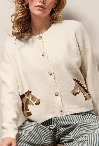 Women Horse Graphic Printed Button Down Crop Sweater Cardigan Long Sleeve Crew Neck Knit Casual Cropped Cardigans4