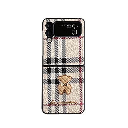 For Z Flip 3 Case Cute Cartoon Bear Cover For Samsung Zflip3 Ins Fahsion Plaid Capa Women For Galaxy Z Flip3 Soft Faux Leather Phone Shell #TOP17