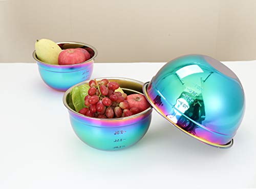ROYDOM Rainbow Mixing Bowl Set, 18/8 Stainless Steel Salad Bowls 3 Piece Colorful Nesting Bowl for Prep Cooking, Baking, Food Preparation, Fruit Cake Measure storage container Includes 1.5L, 2.5L, 4L - Thumbnail 2