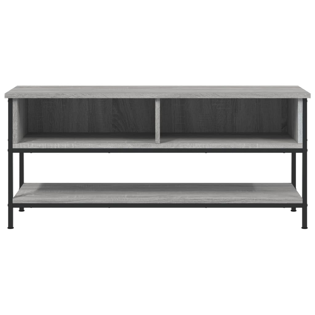 Mobile TV 100 x 35 x 45 cm rovere grigio sonoma con 2 scomparti aperti e 1 ripiano, plastica a base di legno, piedini in ferro, stabile e resistente all'umidità.