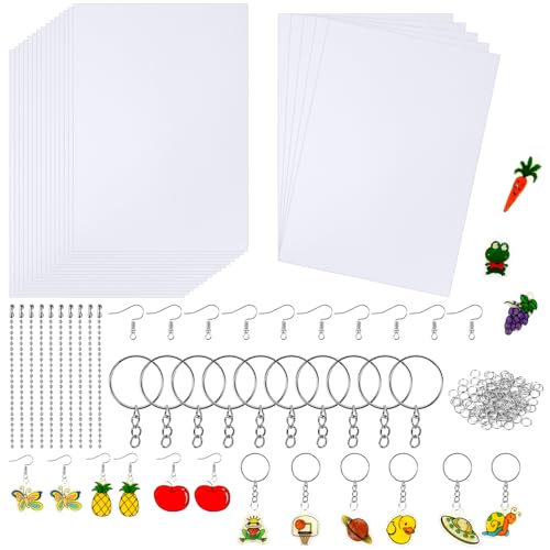 Ainiv 150 Stück Schrumpffolie Set, 20PCS Schrumpffolie zum Basteln, Inklusiv Schrumpfpapier(20 * 14.5cm), Schlüsselanhänger, Offener Schlaufe, Kugelketten, Ohrhaken, DIY Schrumpffolien Set