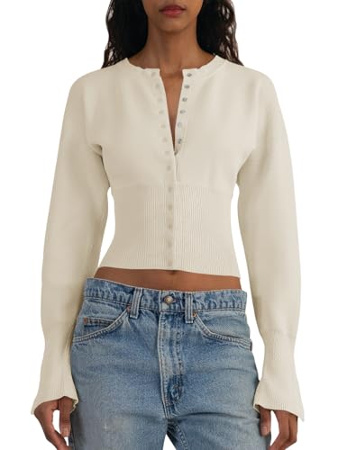 Image of Saodimallsu Womens Cropped Sweaters Cardigan | Button Down,Long Sleeve,V Neck,Ribbed Knit,Slim Fit ,Pullover Crop Tops
