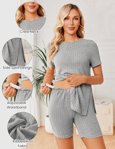 Image of Ekouaer Maternity Sets 2 Piece Outfits Short Sleeve Shirts and Biker Shorts Pregnancy Loungewear