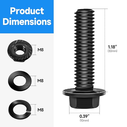 Image of (10Sets) M8 Bolt x 30mm Flanged Hex Head Bolts, External Flange Hex Drive M8 Screws, Class 10.9 Black Zinc Plated Alloy Steel Metric M8x1.25 Bolts Kit