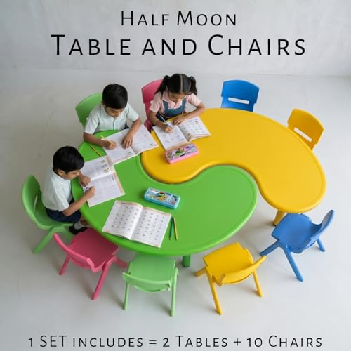 Image of eHomeKart Kids Half-Moon Table Set of 2 with 10 Chairs - Front Round Shape, Perfect for Home Use (53 x 20 x 20 inches) for Kids with Set of 10 Chairs- Perfect Fort Home