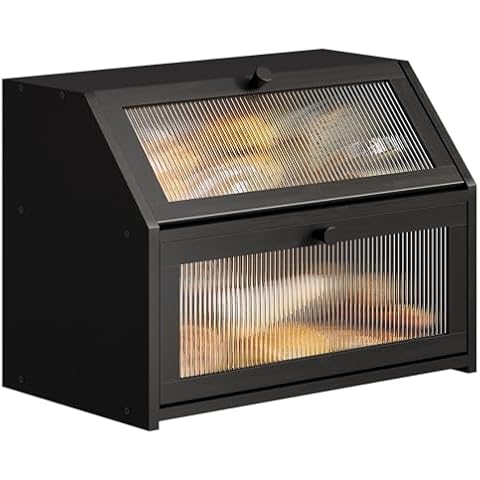 BMOSU Large Bread Box for Kitchen Countertop,Double Layer Bread Box for Kitchen Counter,Bamboo Wood Bread box Capacity Bin Kitchen Storage(Black) Cover
