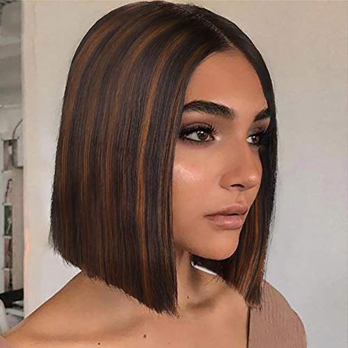 Short Wig Straight Bob Wigs for Women Short Highlights Wig Shoulder Length Mixed Brown Wig Synthetic Middle Parting Wig Natural Looking Wigs for Cosplay Daily Party Use