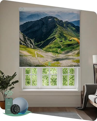 Yoolax Motorized Roller Shades with Remote, Personalized Image Printed Smart Blinds Work with Alexa, Automatic Shades for Windows Bedroom Office, Custom Size and Picture(Nature Mountain)