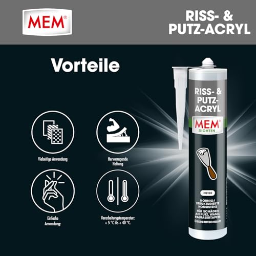 MEM Riss- und Putz Acryl, Acrylat-Dichtstoff für strukturierte oder mineralische Untergründe, Innen und außen anwendbar, Überputzbar und überstreichbar, Lösemittelfrei, 300 ml Kartusche, Weiß