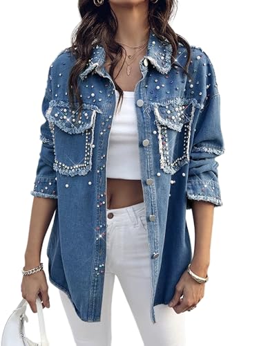 Huang's Women's Denim Jacket with Embellished Shiny Studs, Non Stretch Distressed Jean Coat