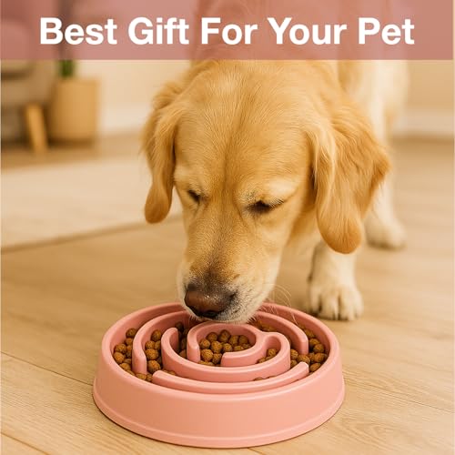 Image of Slow Feeder Bowl | Round Maze Food Bowl for Dogs and Cats | Anti Choking Puzzle Bowl | Anti Slip Interactive Feeding Dish | Durable & Easy to Clean | Anti Bloat and Aids Digestion (Pink)