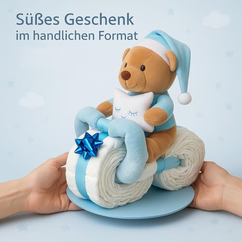 Windeltorte Junge in Blau – Motorrad mit Kuscheltier, Geschenk zur Geburt & Taufe – Handgefertigte Baby Windeltorte mit Windeln, Mullwindel & Glückwunschkarte