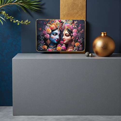 Image of Masstone Spritual Painting Radha Krishna Crystal Embedded Big Frame for Home Decor | Premium Gloss Finish | Gold Slim Frame Wall Art | Ready to Hang (1218-CRG03)