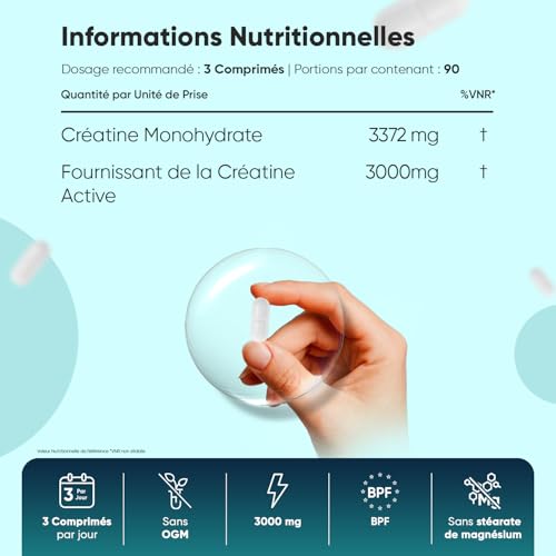 Creatine Monohydrate 270 comprimés Vegan, 3000mg par Portion, 3 Mois d'approvisionnement, sans OGM, sans Gluten ni Colorants ni Arômes Artificiels et sans Stéarate de Magnésium – Image 4