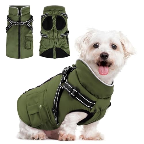 Woiil Hundemantel Winter Warme Hundejacke für mittelgroße Hunde wasserdichter Winterweste atmungsaktiv Hundekleidung Hundepullover mit Geschirrloch Reflektorstreifen Armeegrün M