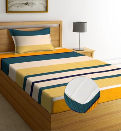 Image of la' Amour Pure Cotton All Round Elastic Fitted Bedsheets with 1 Pillow Cover | Single Mattress Bed Breathable| Longlasting | Supersoft Size - 36 x 72 + 6 inches (Big Leaf, Color -Green Yellow)