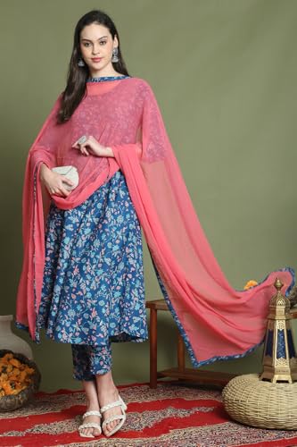 Image of Rajnandini Womens Cotton Floral Printed Kurta Pant Dupatta Set (JOPLST269-P)