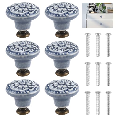Cncedi 6 Pcs Ceramic Drawer Knobs, 31x34mm Vintage Pattern Ball Shape Pull Handles with Mounting Screws, Lovely Door Pull Knob for Home Dresser Cupboard Wardrobe Handles (Indigo Blue)