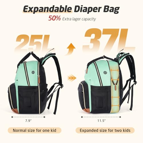 Tonyeee Diaper Bag Backpack - Extra Large Diaper Bag for 2 Kids Twin, Travel Baby Bags for Mom Dad 25-37L Expandable with Changing Pad Earphone Hole, Green Black — view 2