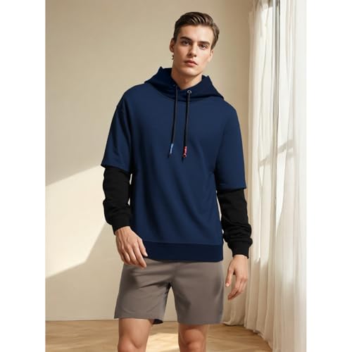 GURUNVANI Fashion Hoodies Men's Color Block Pullover O-Neck Hooded Sweatshirt Patchwork4
