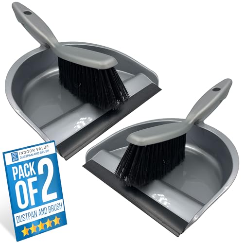 Household Dustpan and Brush Set, Soft Bristle Brush and Plastic Dust Pan with Rubber Lip to Collect and Sweep Dust and Dirt from Floors, Stylish Silver Colour Hand Brush and Dustpan (Pack of 2)