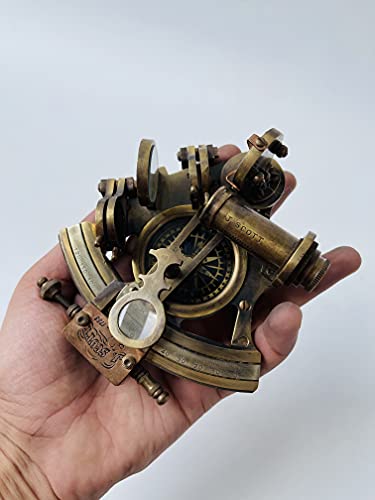 Image of Malla Inc. Nautical 5 inch Brass Working Navigational Sextant with Compass in Hardwood Box - Marine Sextant