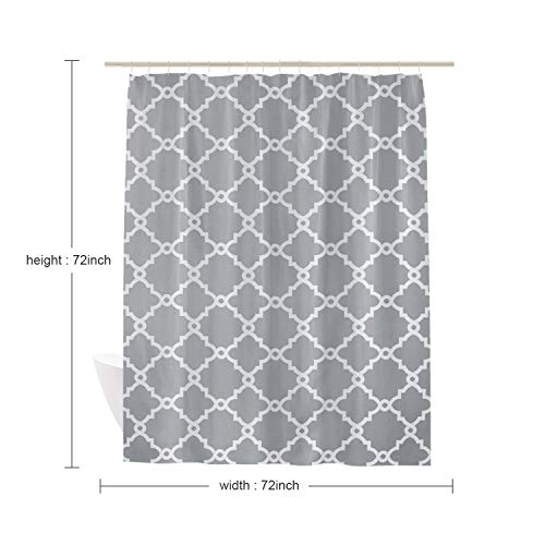 Weltrxe Moroccan Fabric Shower Curtain With Hooks, Waterproof Polyester Geometric Pattern Bathroom Curtains, Machine Washable, 72 X 72 Inches, Gray #TOP6