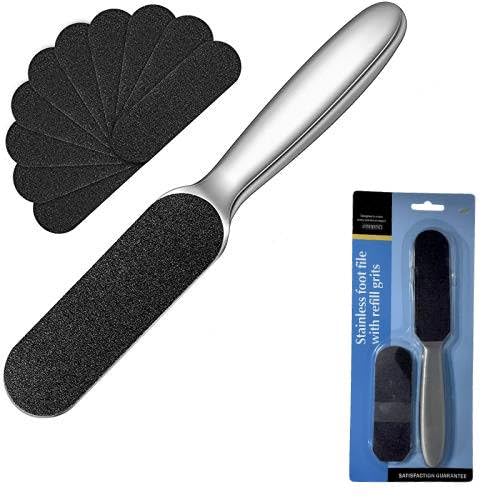MOMENT Stainless Steel Pedicure Foot File Callus Remover Foot Scrubber Feet Rasp with 10 Replaceable Coarse/Fine Double Side Reusable Pads for Foot Care Cracked Skin Callus Remover Tool