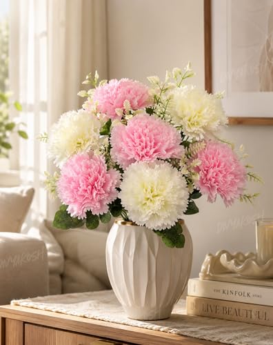 Image of Divyakosh Artificial Flowers Bunch (Vase Not Included), Pink & White Carnation Bouquet - 7 Flower Heads, Artificial Flower for Vase, Flower Bouquet Gift for Living Room,Table Office, Centerpiece