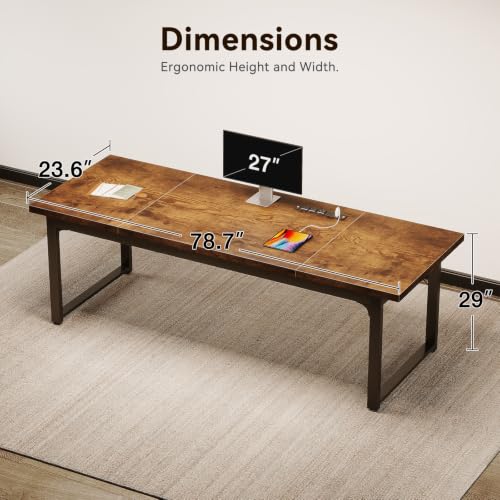 Image of Coleshome 79 Inch Long Computer Desk with Power Outlet, Thicker Desktop & Legs, Large Heavy Duty Office Desk for Home Office & Gaming, Rustic Brown