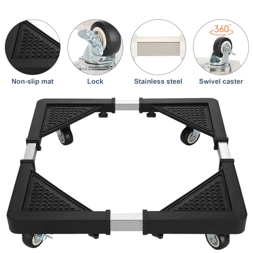HQO LOVL Mini Fridge Stand with 4 Locking Wheels 17.7\"-25.6\" Adjustable Dolly Washing Machine Stand Base,for Furniture Portable Refrigerator Dryer Stand(Black)